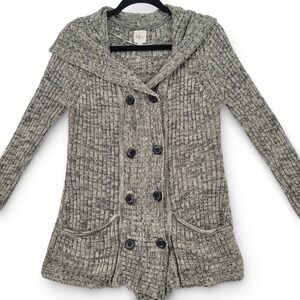 Effeci Hooded Knit Cardigan Sweater‎ L Gray Chunky Ribbed Button Front EUC